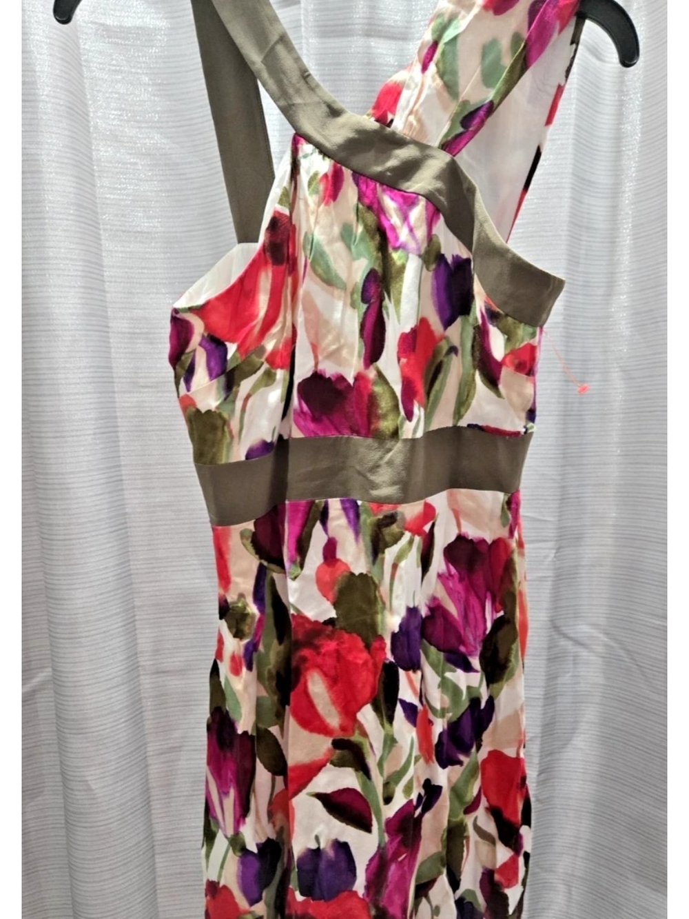 Floral Sleeveless A-Line Dress with Olive Trim - White/Multi